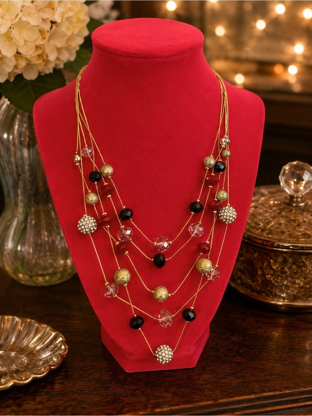 INC Gold Multi Strand Bauble Statement Necklace Red Black Crystal